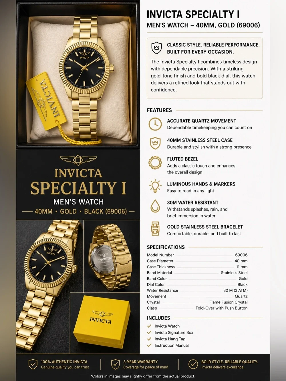 Invicta Specialty I 69006 Men’s 40mm Gold Watch NWT